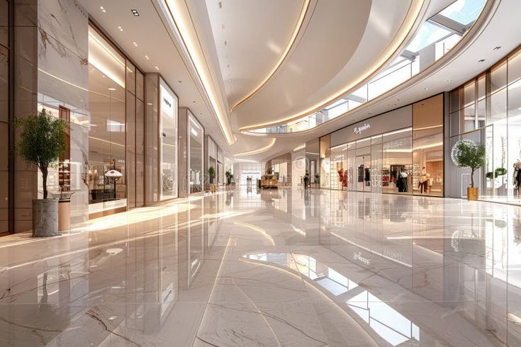 a large mall with a tree in the center and many…