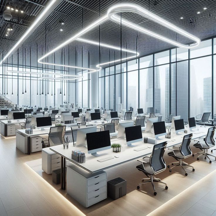 office workspaces – clean, modern office setups…